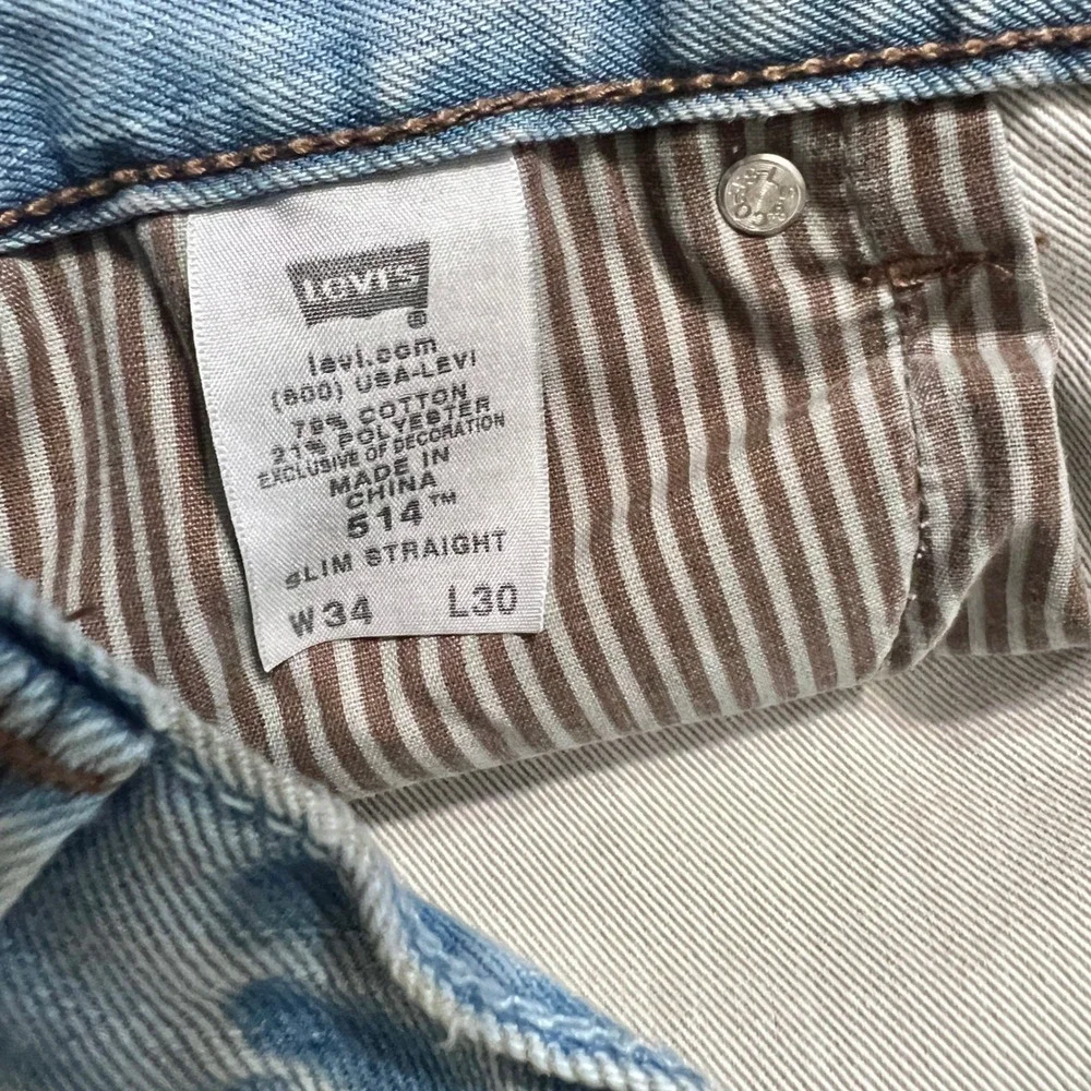 Levi's 514 Slim Straight‎ Jeans Mens 34x30 Light Blue Leather Patch